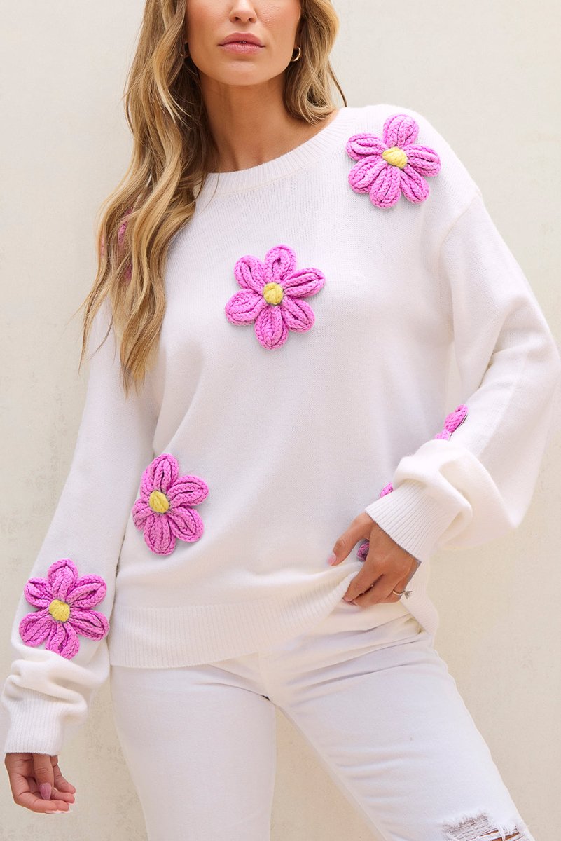 Chunky Floral Crochet Knit Sweater - Klazzi Fashion Boutique