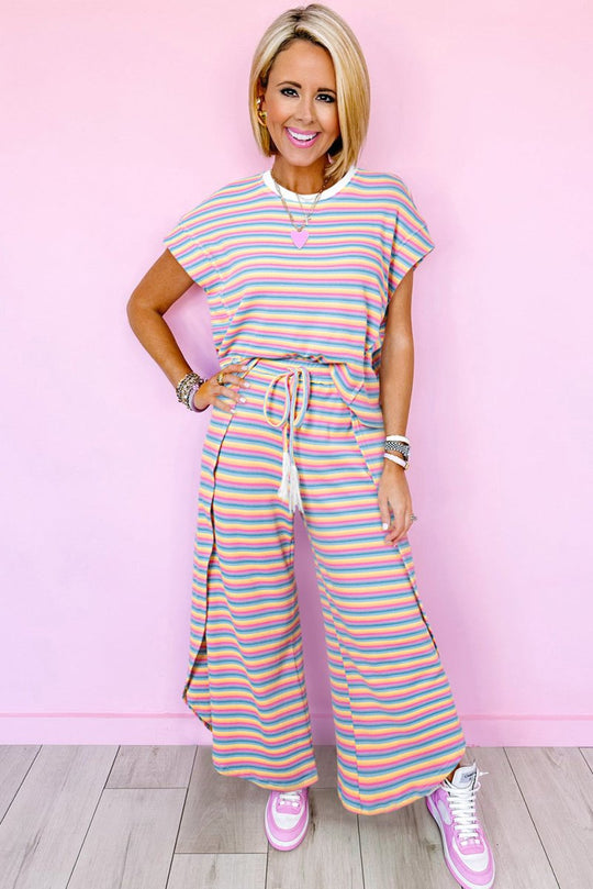 Ciera Rainbow Pink Striped Wide Leg Pants Set - Klazzi Fashion Boutique