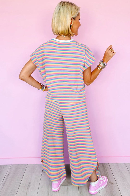 Ciera Rainbow Pink Striped Wide Leg Pants Set - Klazzi Fashion Boutique