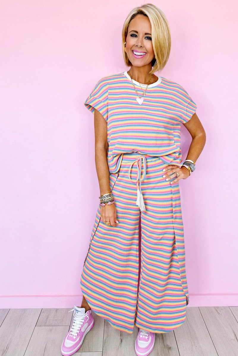 Ciera Rainbow Pink Striped Wide Leg Pants Set - Klazzi Fashion Boutique