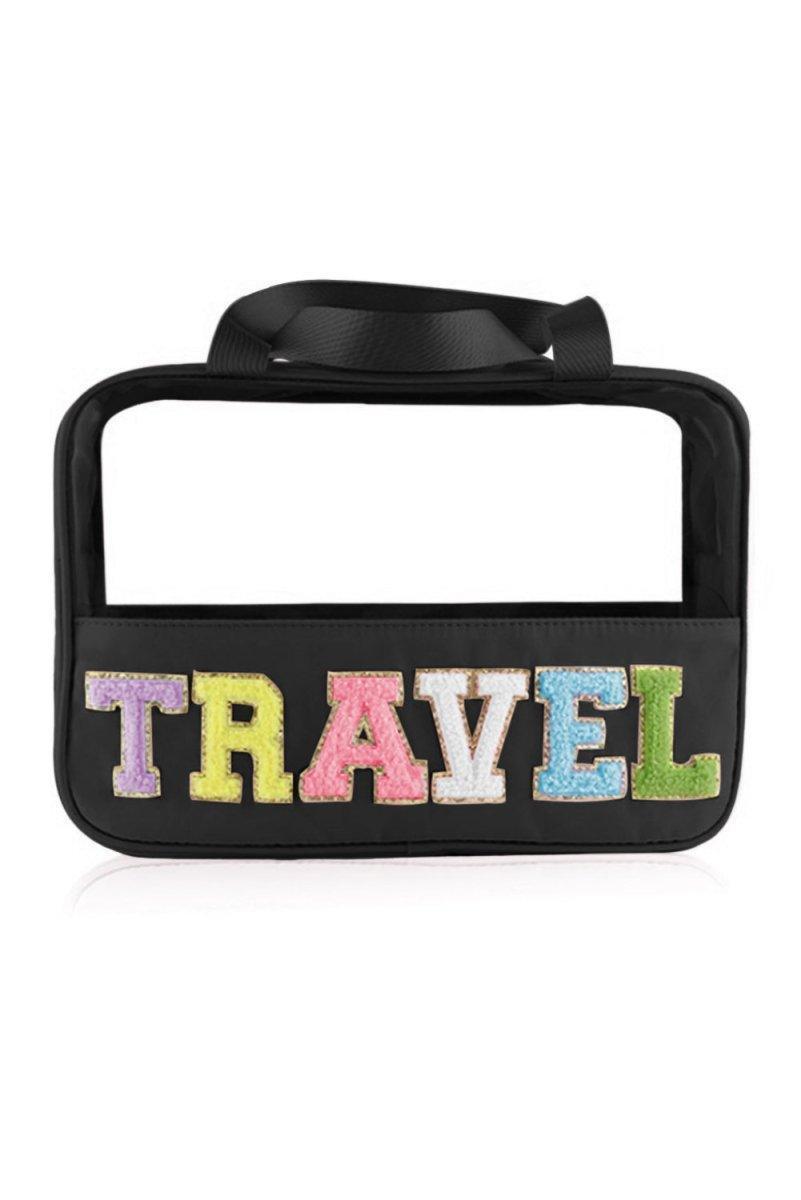 Clear TRAVEL Chenille Letters Makeup Bag - Klazzi Fashion Boutique