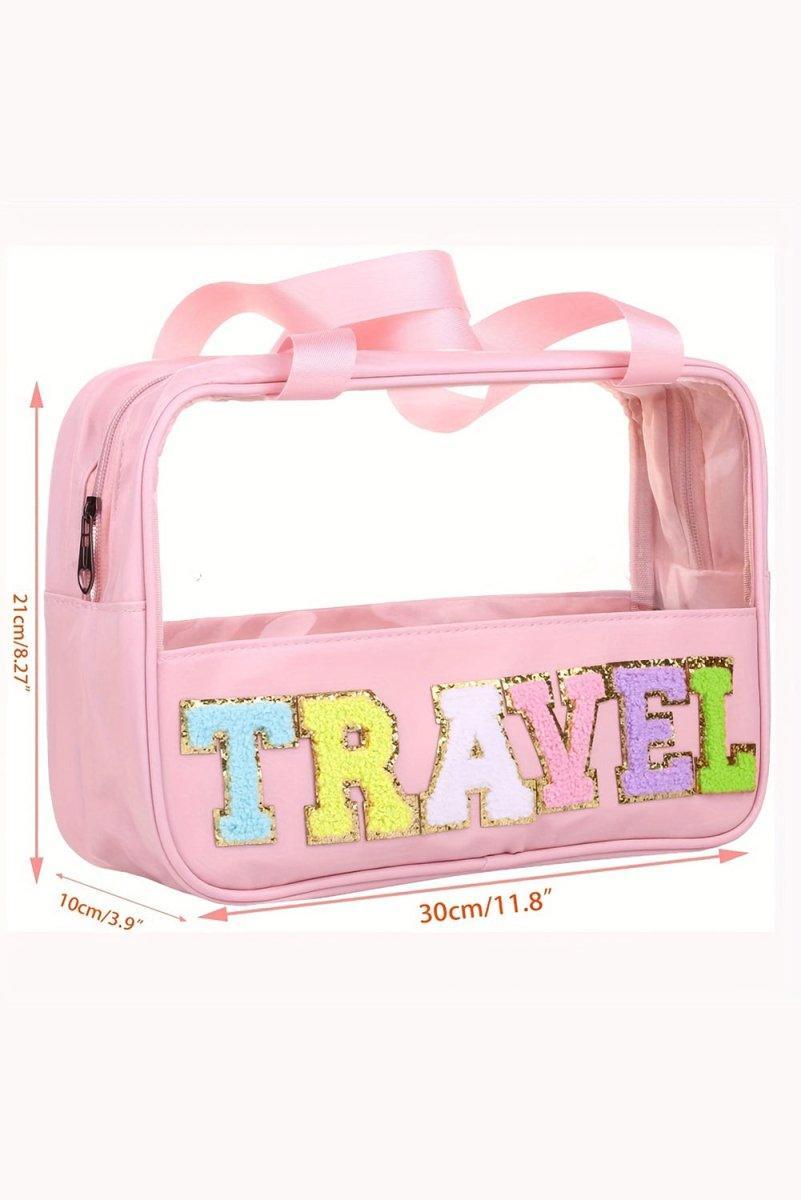 Clear TRAVEL Chenille Letters Makeup Bag - Klazzi Fashion Boutique