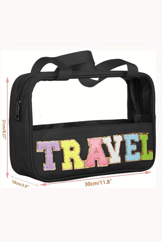 Clear TRAVEL Chenille Letters Makeup Bag - Klazzi Fashion Boutique