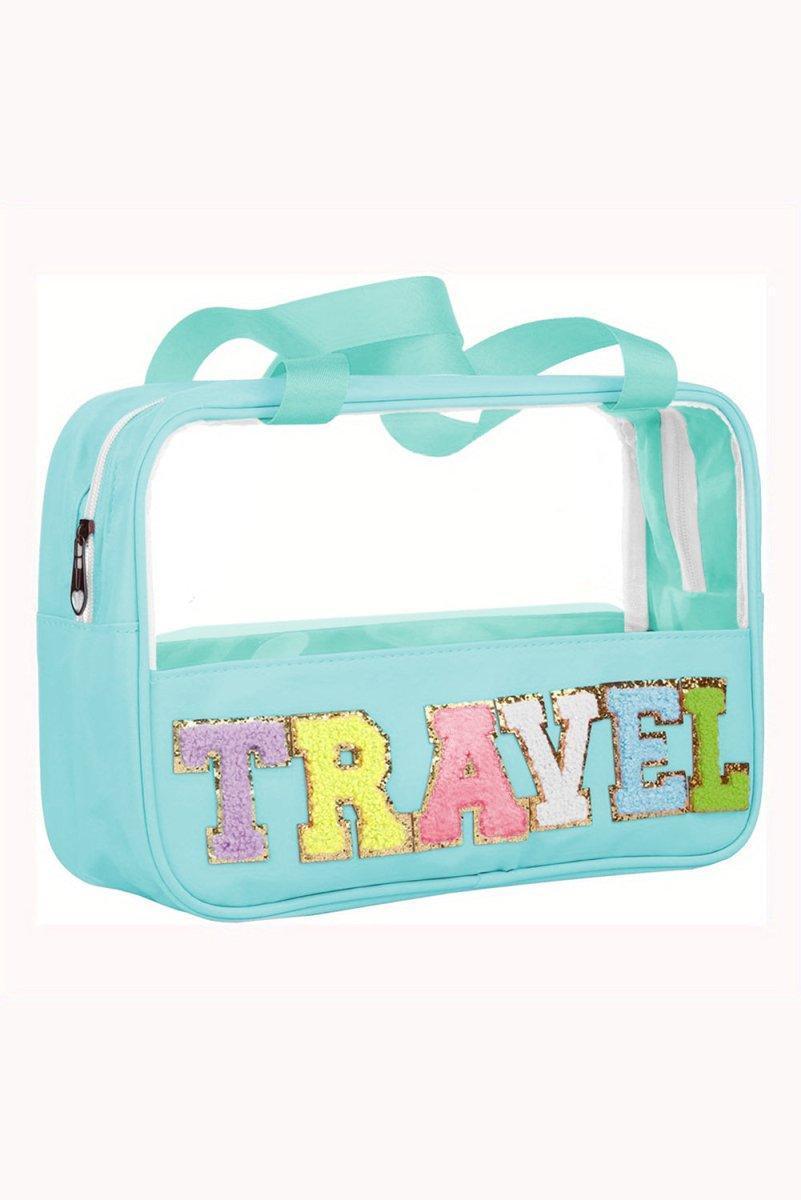 Clear TRAVEL Chenille Letters Makeup Bag - Klazzi Fashion Boutique