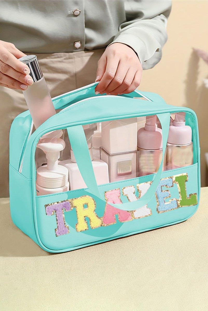 Clear TRAVEL Chenille Letters Makeup Bag - Klazzi Fashion Boutique