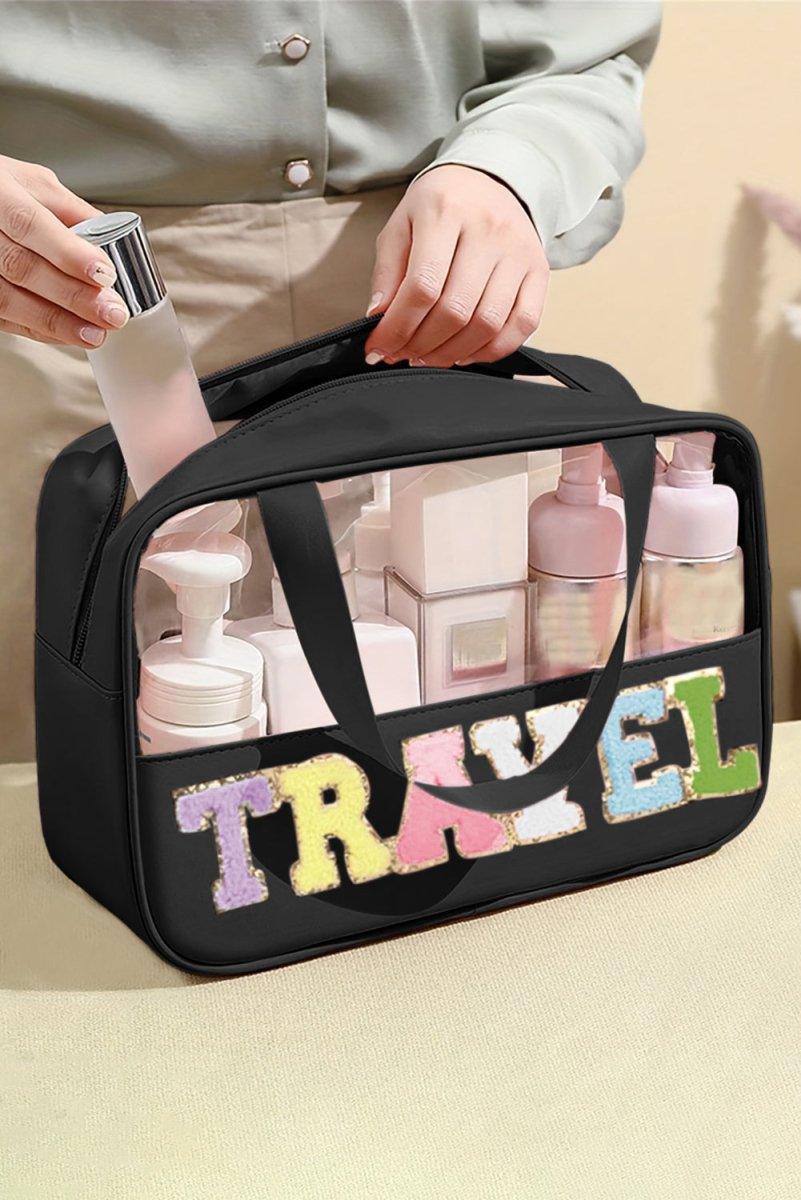 Clear TRAVEL Chenille Letters Makeup Bag - Klazzi Fashion Boutique