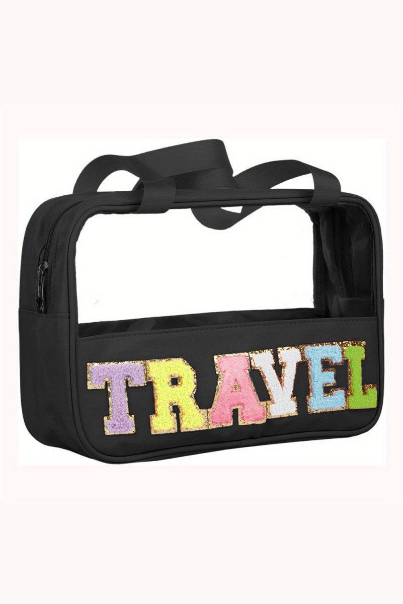 Clear TRAVEL Chenille Letters Makeup Bag - Klazzi Fashion Boutique