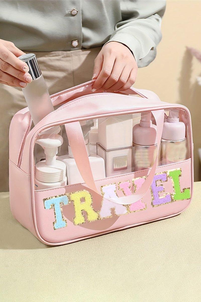 Clear TRAVEL Chenille Letters Makeup Bag - Klazzi Fashion Boutique