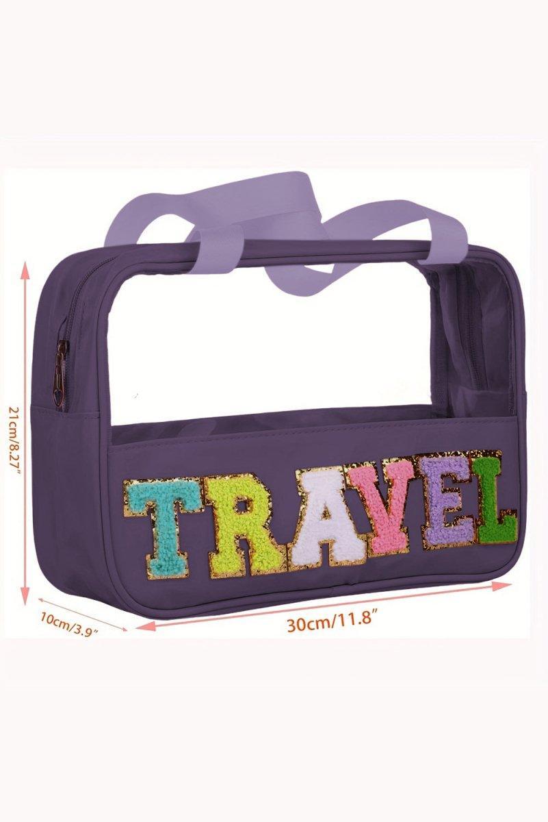 Clear TRAVEL Chenille Letters Makeup Bag - Klazzi Fashion Boutique