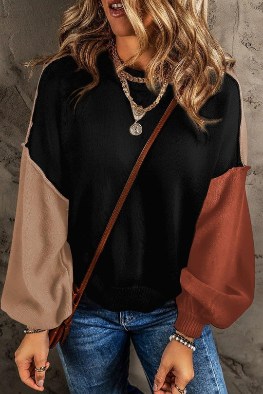 Coffee and Black Bishop Sleeve Sweater - Klazzi Fashion Boutique