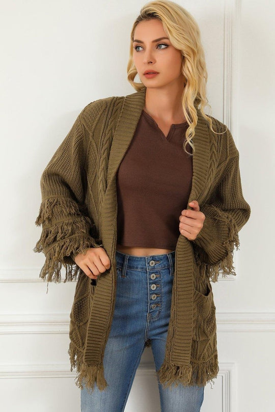 Coffee Fringe Cable Knit Cardigan - Klazzi Fashion Boutique