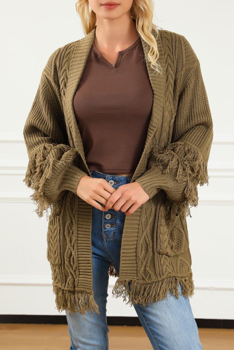 Coffee Fringe Cable Knit Cardigan - Klazzi Fashion Boutique