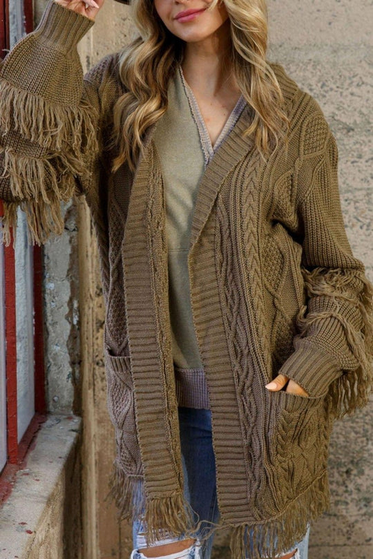 Coffee Fringe Cable Knit Cardigan - Klazzi Fashion Boutique