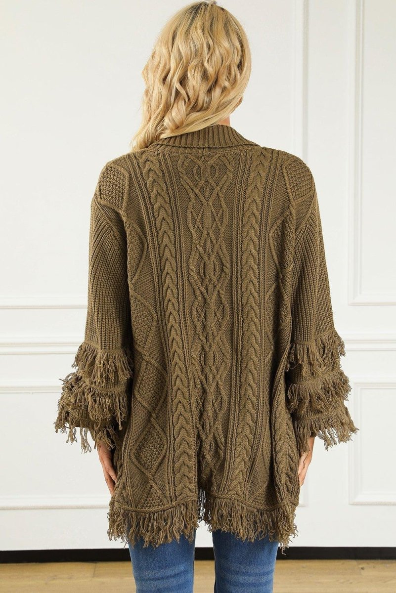 Coffee Fringe Cable Knit Cardigan - Klazzi Fashion Boutique