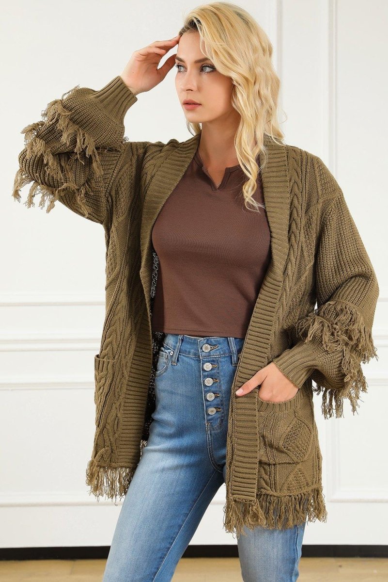 Coffee Fringe Cable Knit Cardigan - Klazzi Fashion Boutique