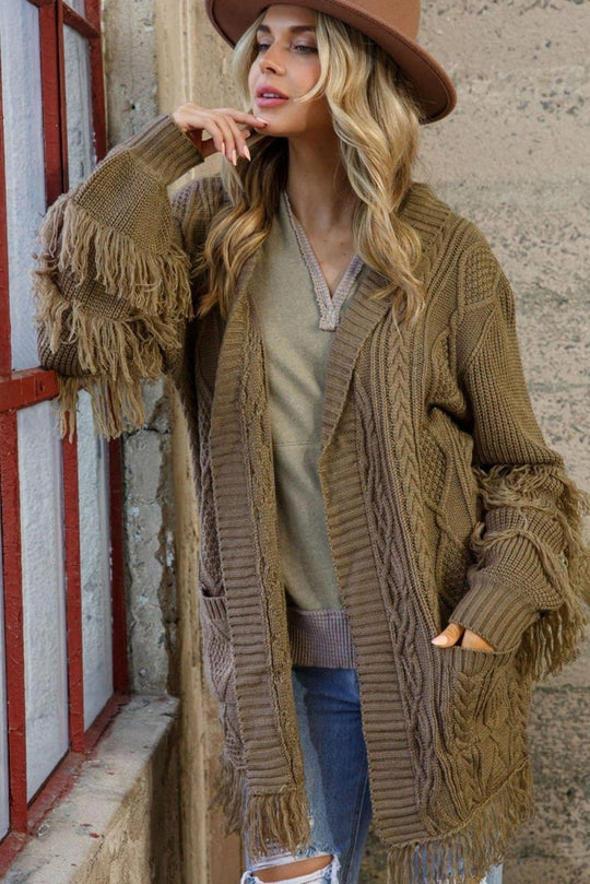 Coffee Fringe Cable Knit Cardigan - Klazzi Fashion Boutique