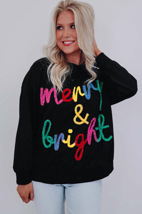 Colorful "Merry & Bright" Tinsel Christmas Graphic Sweater - Klazzi Fashion Boutique