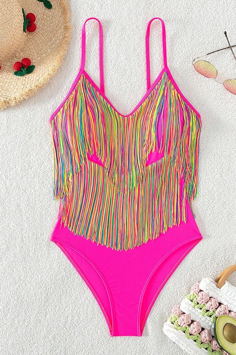 Confetti Multicolor Tassel Spaghetti Strap One Piece Swimsuit - Klazzi Fashion Boutique