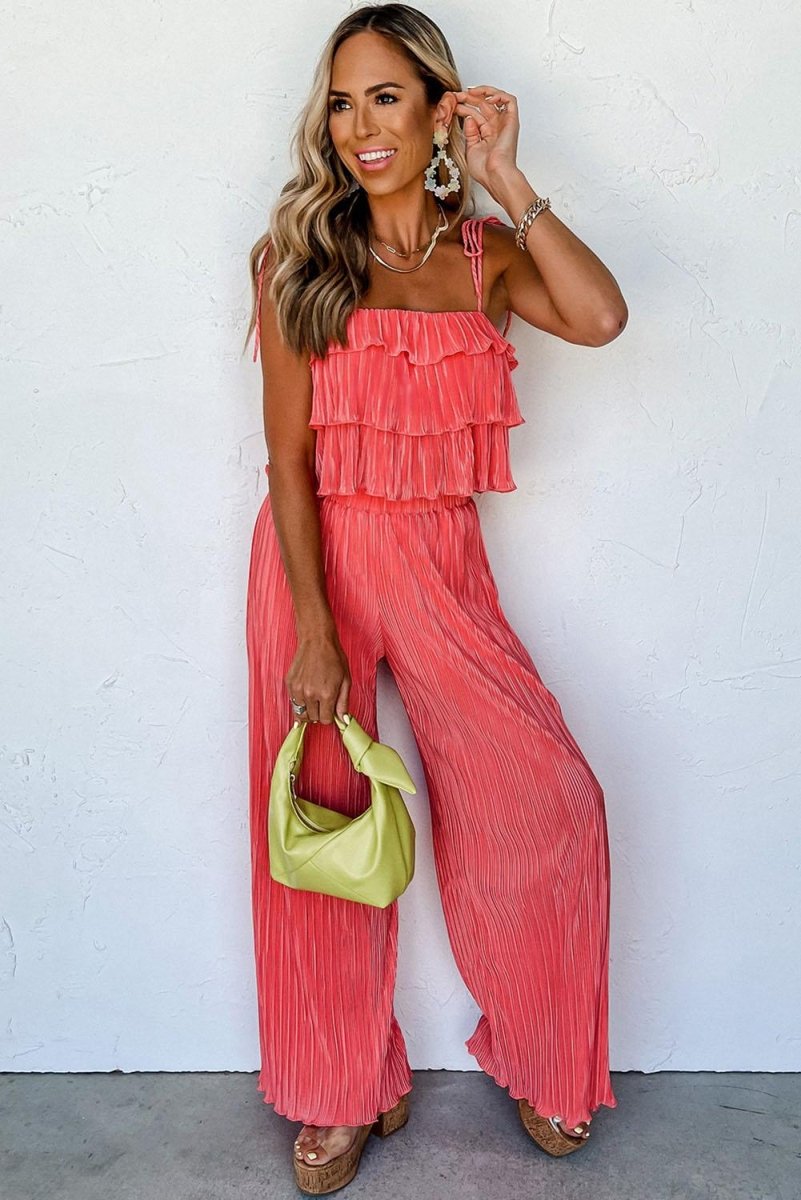 Coral Ruffled Cami Pleated Wide Leg Pants Set - Klazzi Fashion Boutique