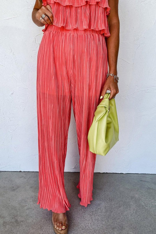 Coral Ruffled Cami Pleated Wide Leg Pants Set - Klazzi Fashion Boutique