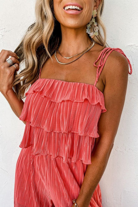 Coral Ruffled Cami Pleated Wide Leg Pants Set - Klazzi Fashion Boutique