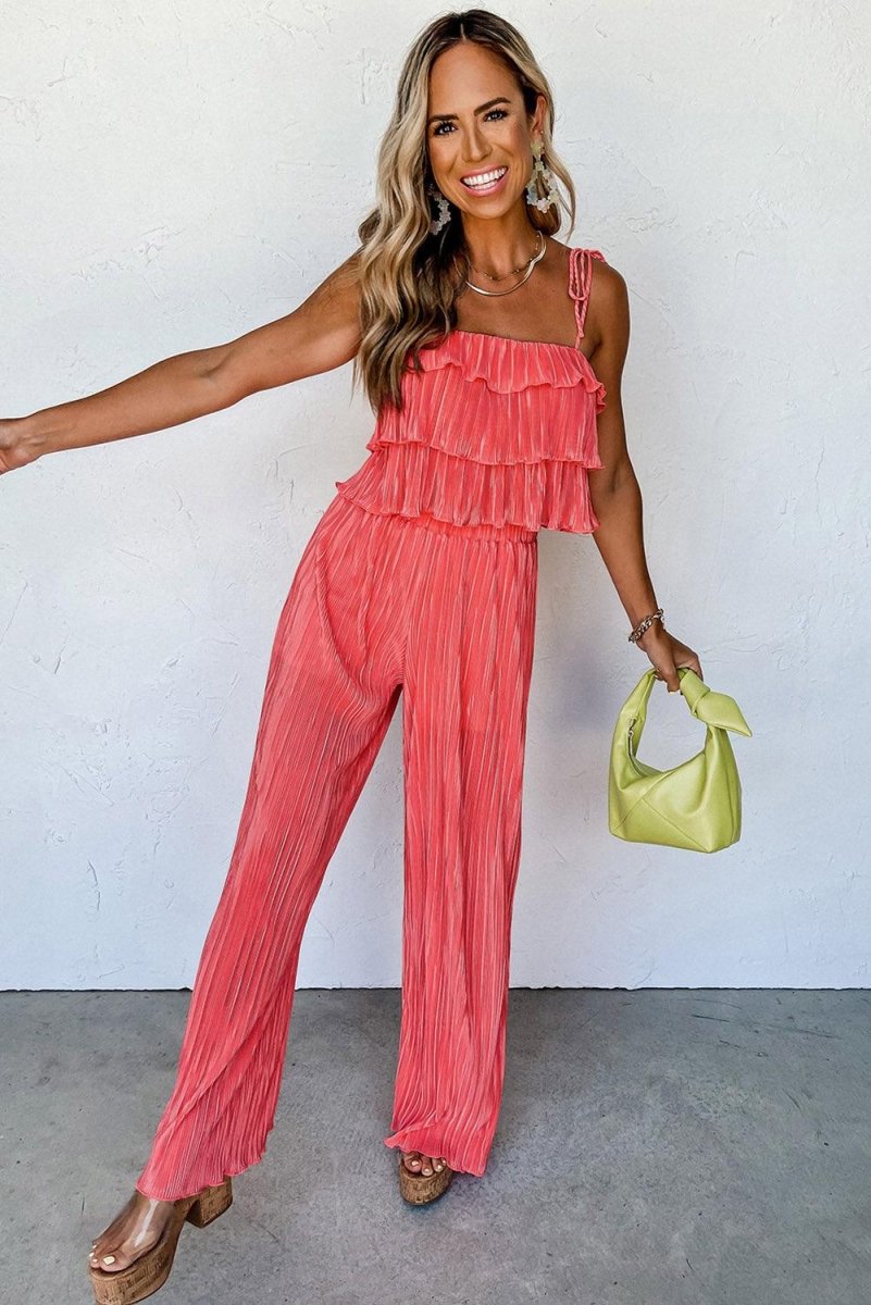 Coral Ruffled Cami Pleated Wide Leg Pants Set - Klazzi Fashion Boutique