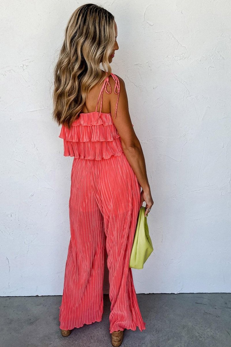 Coral Ruffled Cami Pleated Wide Leg Pants Set - Klazzi Fashion Boutique