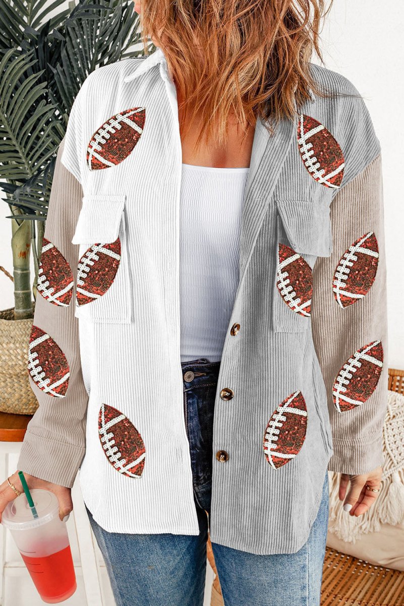 Corduroy Football Sequin Rugby Shacket - Klazzi Fashion Boutique