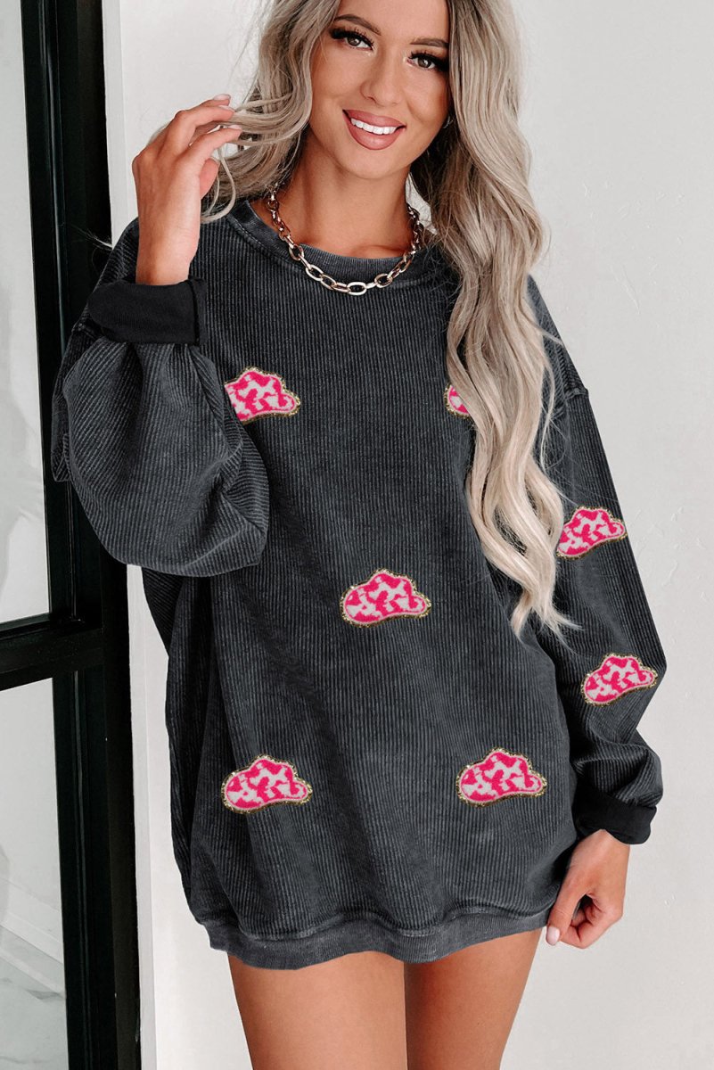 Corduroy Glittering Sassy Pink Cowboy Hats Sweatshirt - Klazzi Fashion Boutique