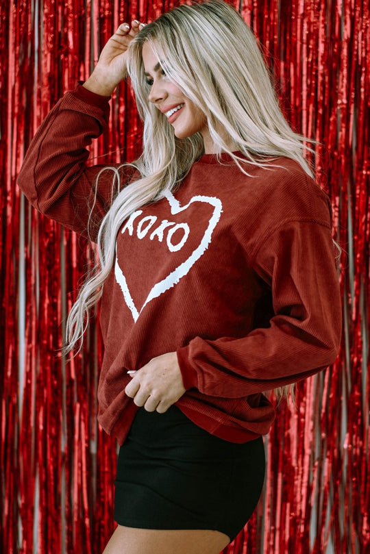 Corduroy Red XOXO Heart Graphic Sweatshirt - Klazzi Fashion Boutique