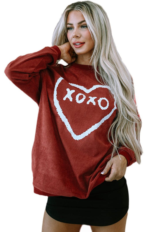 Corduroy Red XOXO Heart Graphic Sweatshirt - Klazzi Fashion Boutique