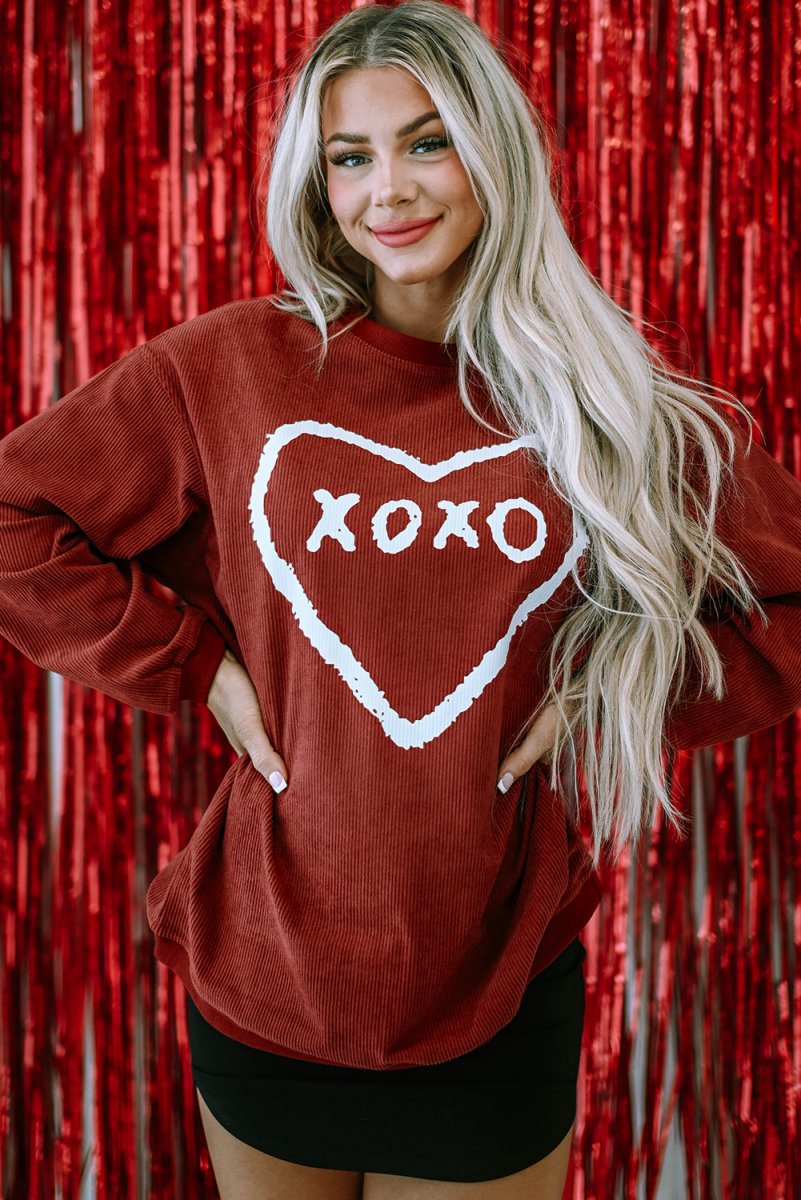 Corduroy Red XOXO Heart Graphic Sweatshirt - Klazzi Fashion Boutique