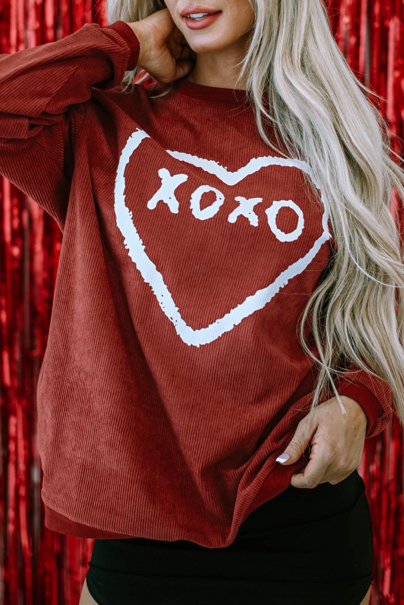 Corduroy Red XOXO Heart Graphic Sweatshirt - Klazzi Fashion Boutique