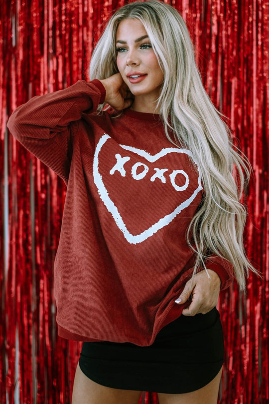 Corduroy Red XOXO Heart Graphic Sweatshirt - Klazzi Fashion Boutique