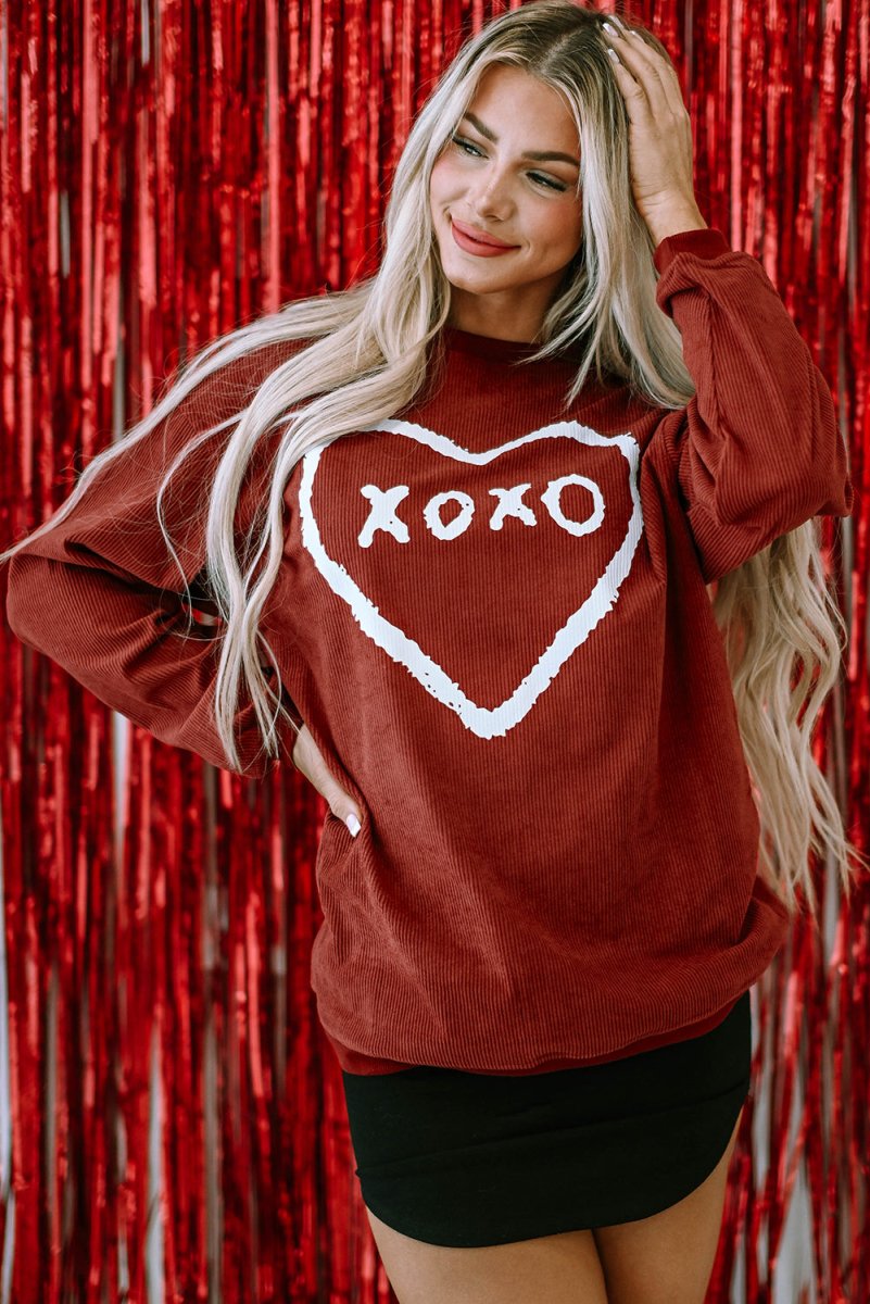 Corduroy Red XOXO Heart Graphic Sweatshirt - Klazzi Fashion Boutique