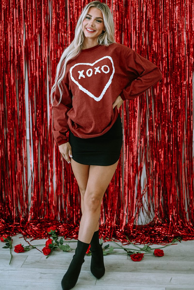 Corduroy Red XOXO Heart Graphic Sweatshirt - Klazzi Fashion Boutique