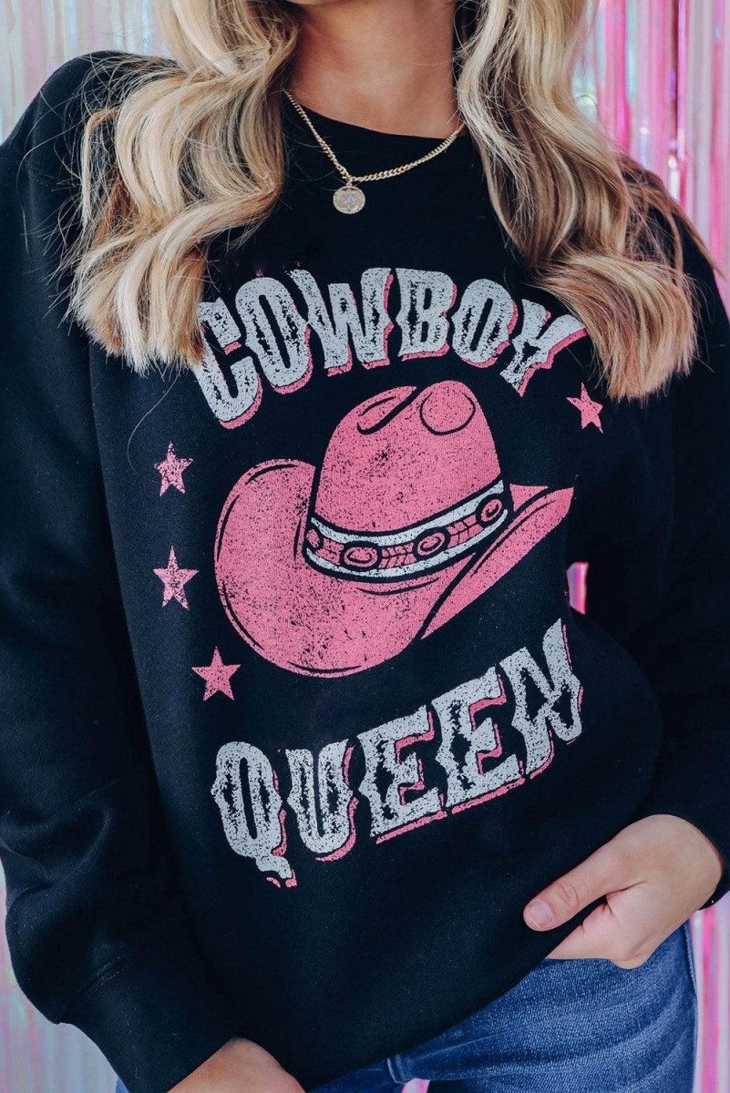 "COWBOY QUEEN" Black Graphic Sweatshirt - Klazzi Fashion Boutique