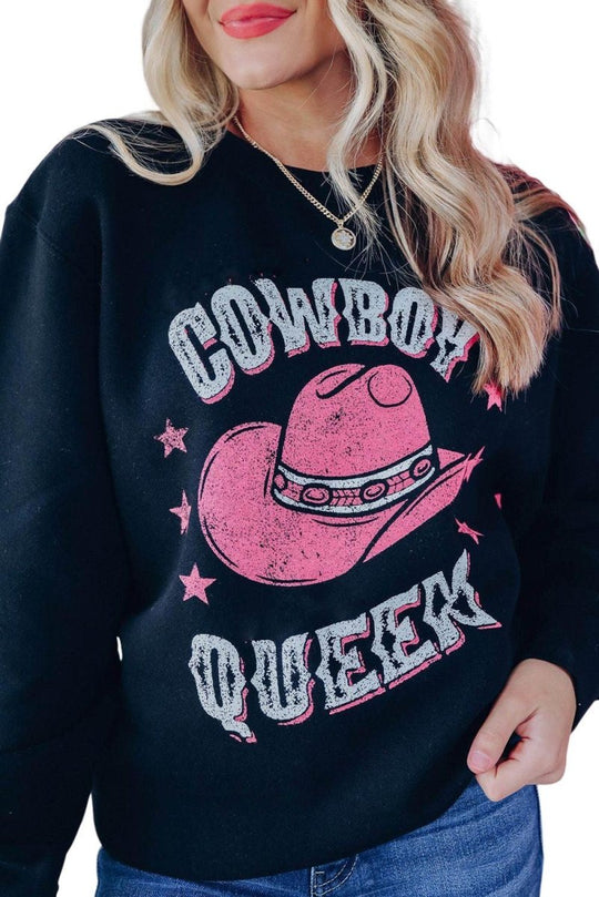 "COWBOY QUEEN" Black Graphic Sweatshirt - Klazzi Fashion Boutique