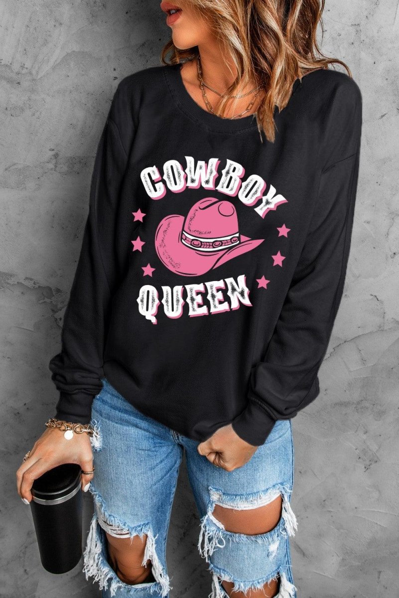 "COWBOY QUEEN" Black Graphic Sweatshirt - Klazzi Fashion Boutique