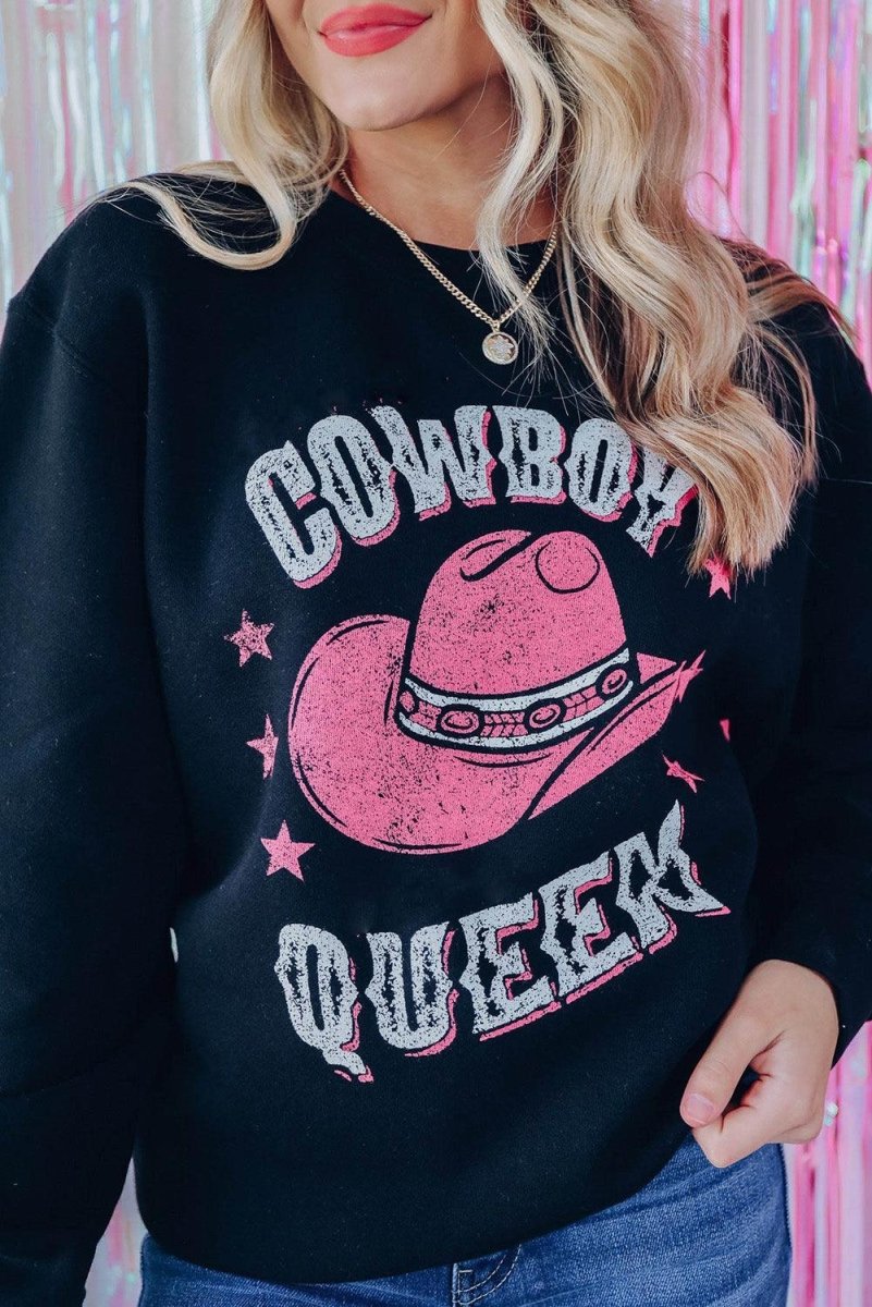 "COWBOY QUEEN" Black Graphic Sweatshirt - Klazzi Fashion Boutique