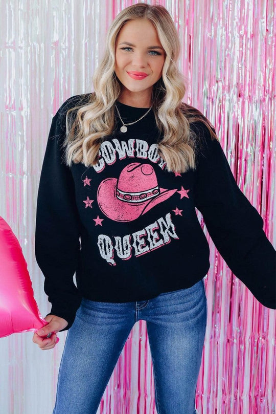 "COWBOY QUEEN" Black Graphic Sweatshirt - Klazzi Fashion Boutique