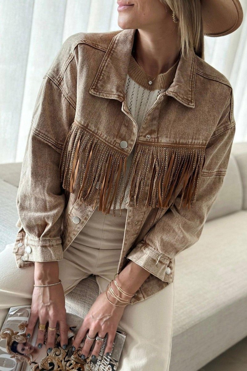 Cowgirl Rhinestone Fringed Denim Jacket - Klazzi Fashion Boutique