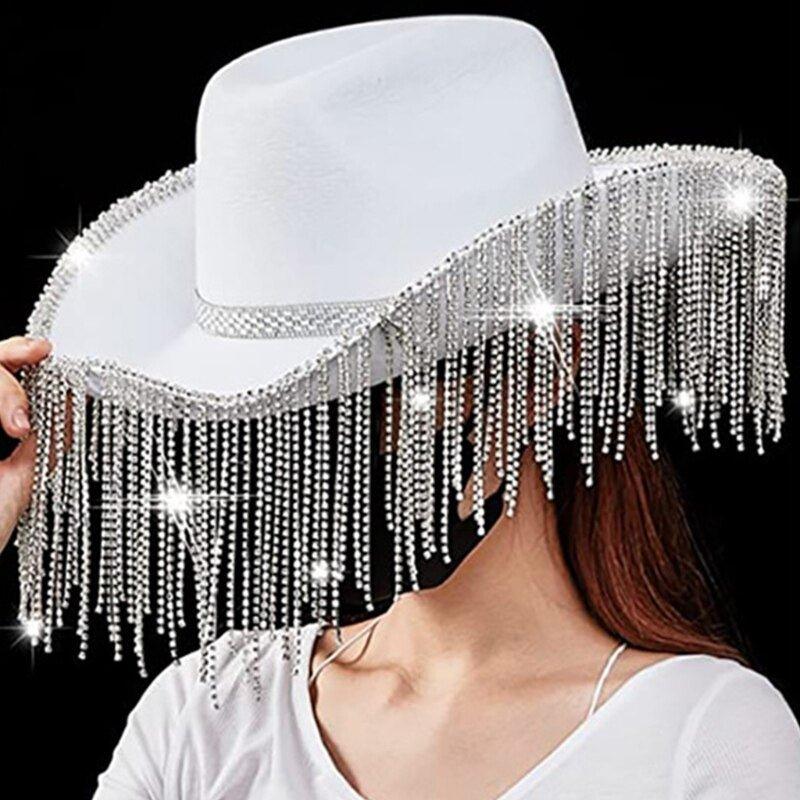 Cowgirl Rhinestone Glitter Fringy Hat - Klazzi Fashion Boutique