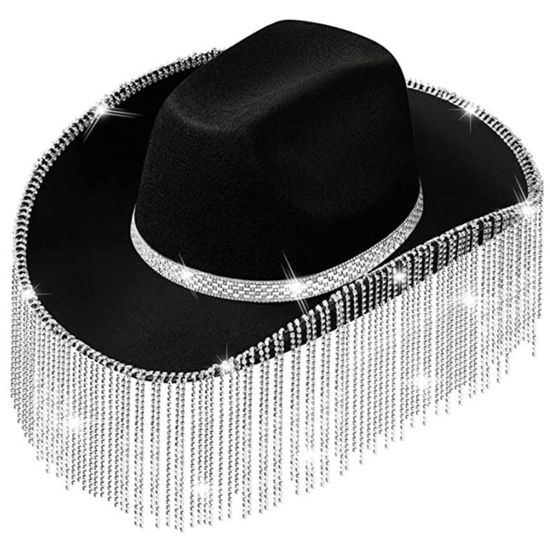 Cowgirl Rhinestone Glitter Fringy Hat - Klazzi Fashion Boutique