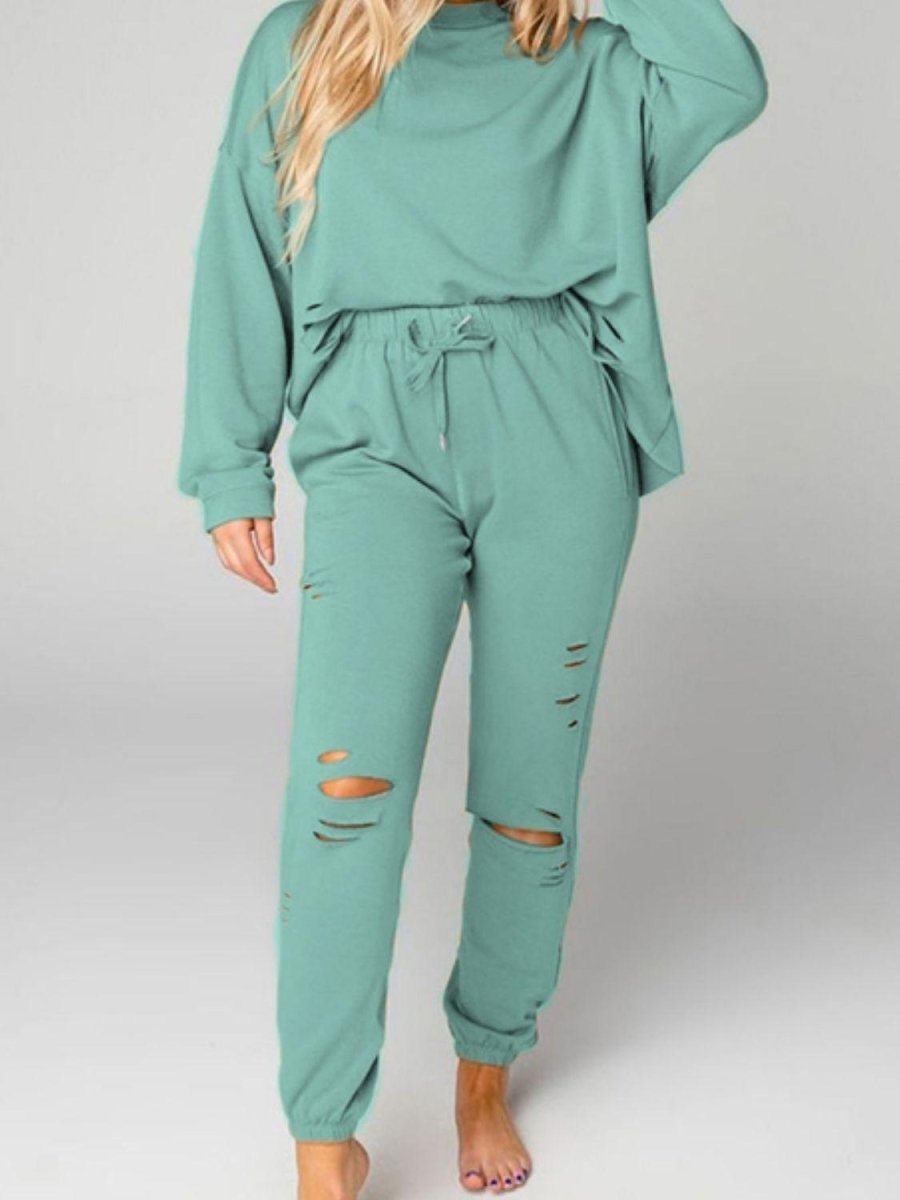 Cozy Up Distressed Sweatshirt and Joggers Set - Klazzi Fashion Boutique