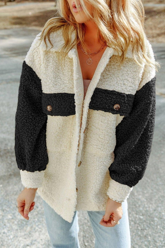 Cream Color Block Sherpa Shacket - Klazzi Fashion Boutique