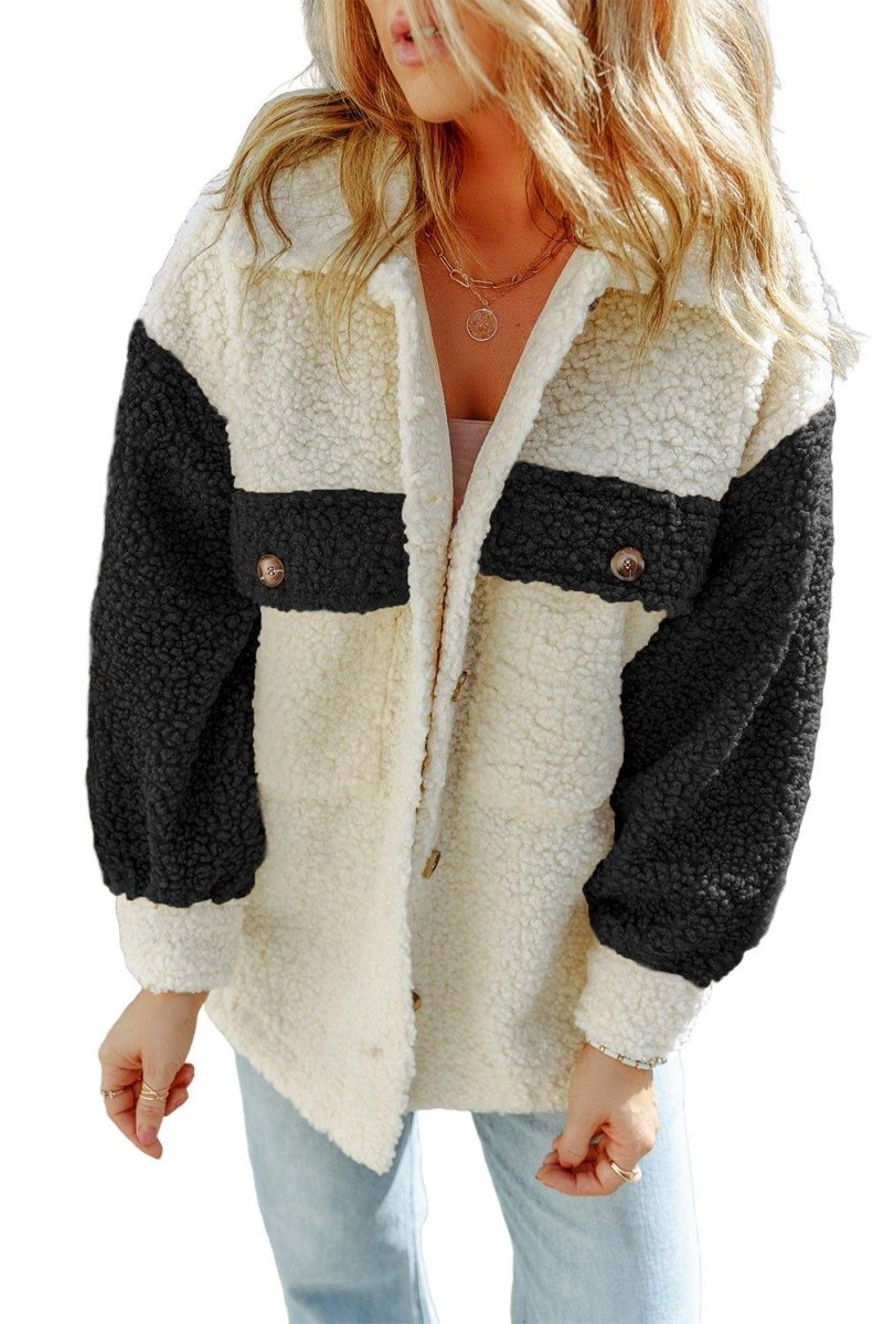 Cream Color Block Sherpa Shacket - Klazzi Fashion Boutique