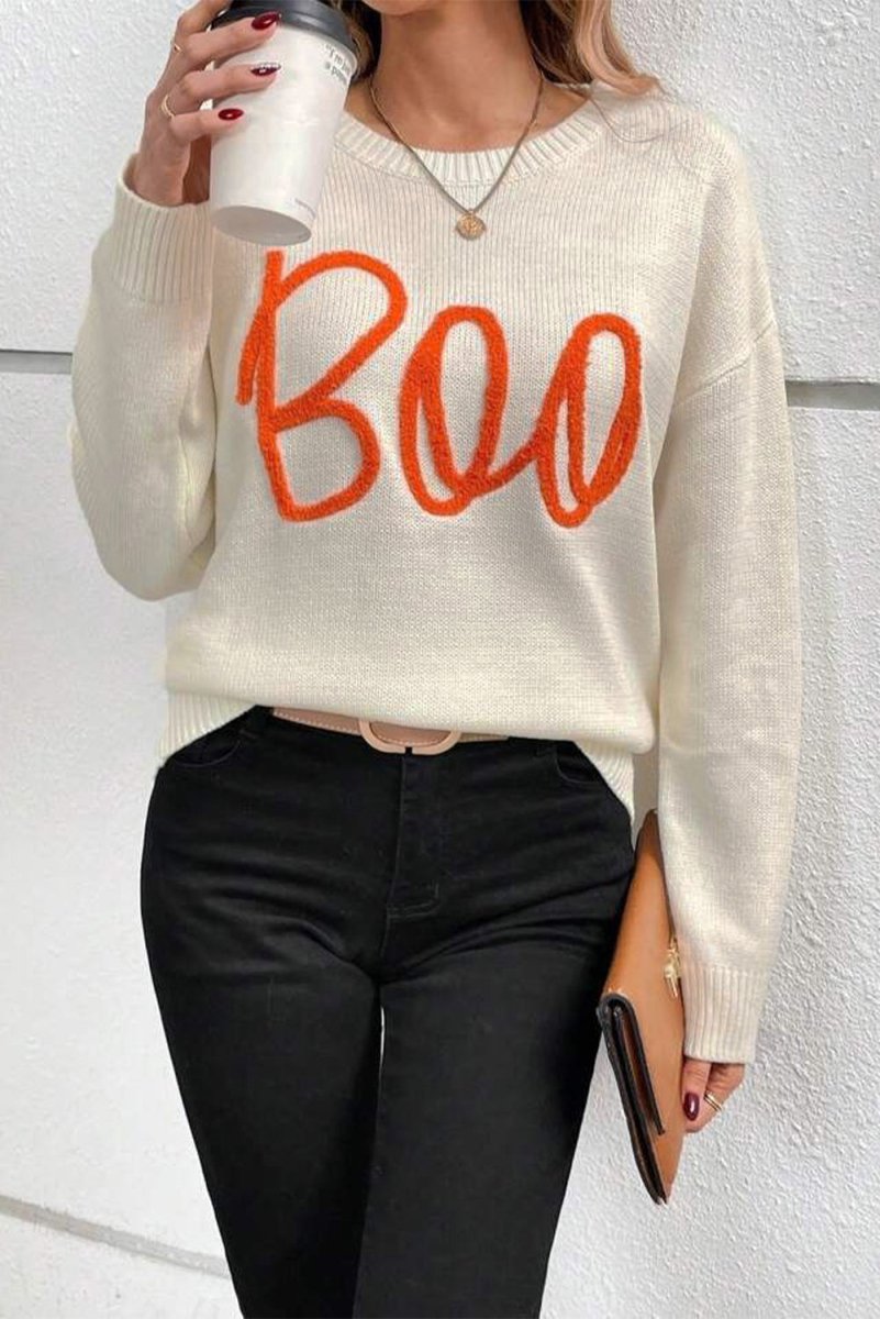 Cream Knitted "Boo" Pattern Sweater - Klazzi Fashion Boutique