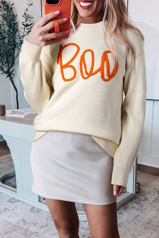 Cream Knitted "Boo" Pattern Sweater - Klazzi Fashion Boutique