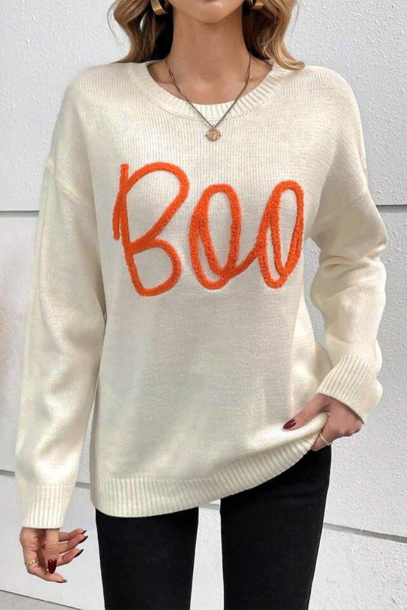 Cream Knitted "Boo" Pattern Sweater - Klazzi Fashion Boutique